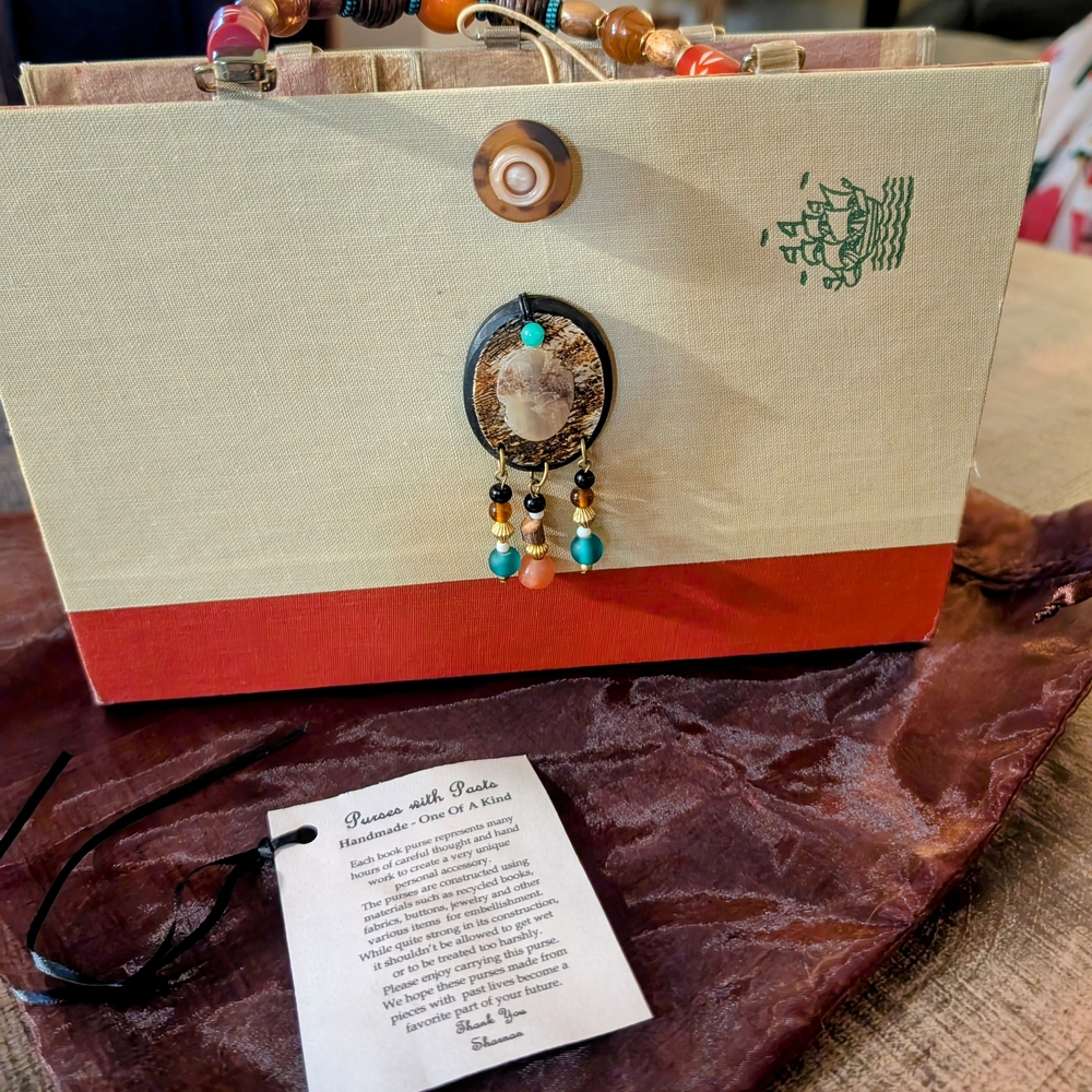 Beaded Handle Beige and Red Handbag